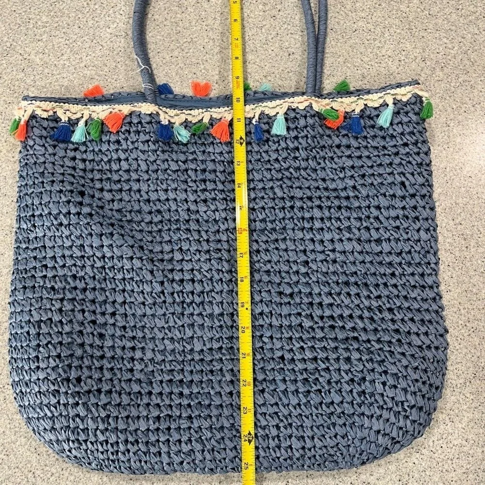 Magid Medium Blue Paper Straw Crochet Lined Tote Bag Beach Tassels